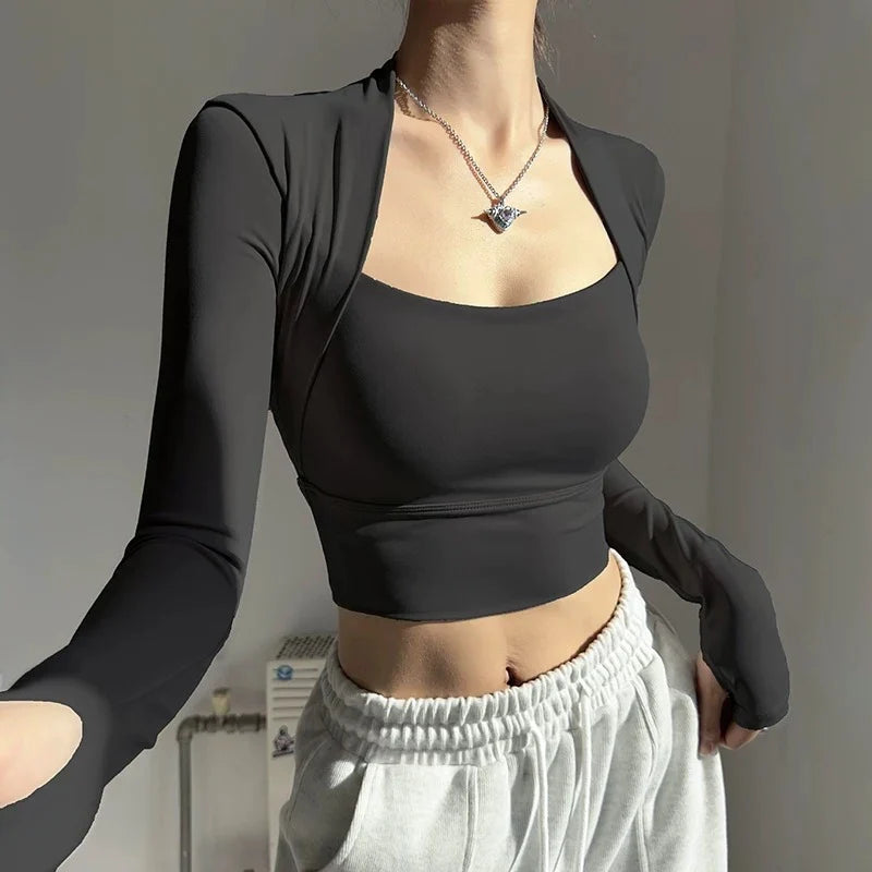 Women's Long Sleeve Fitness Sports Top Elegant Dance Yoga Shirt with Chest Cushion Small Waistband for Gym Speed up Short