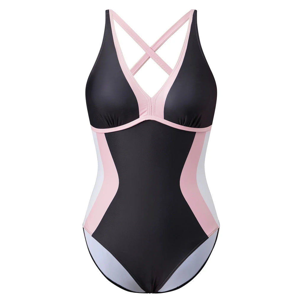 Women Summer Monokini Swimsuit Contrast Colors V-Neck Tie Back Sleeveless Jumpsuit Swimwear for Beachwear Bathing Suits