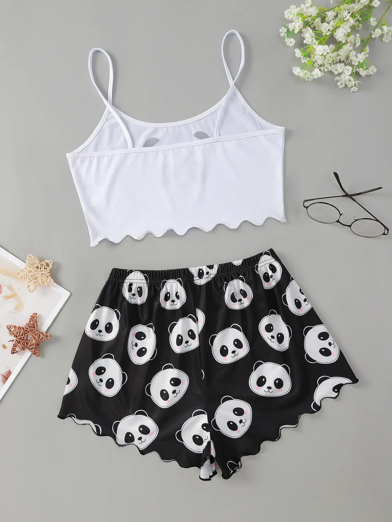 Summer Sleepwear Women's 2pcs Cute Soft Comfy Panda Print Sexy Sleeveless Shorts Homewear Pajama Set Loungewear