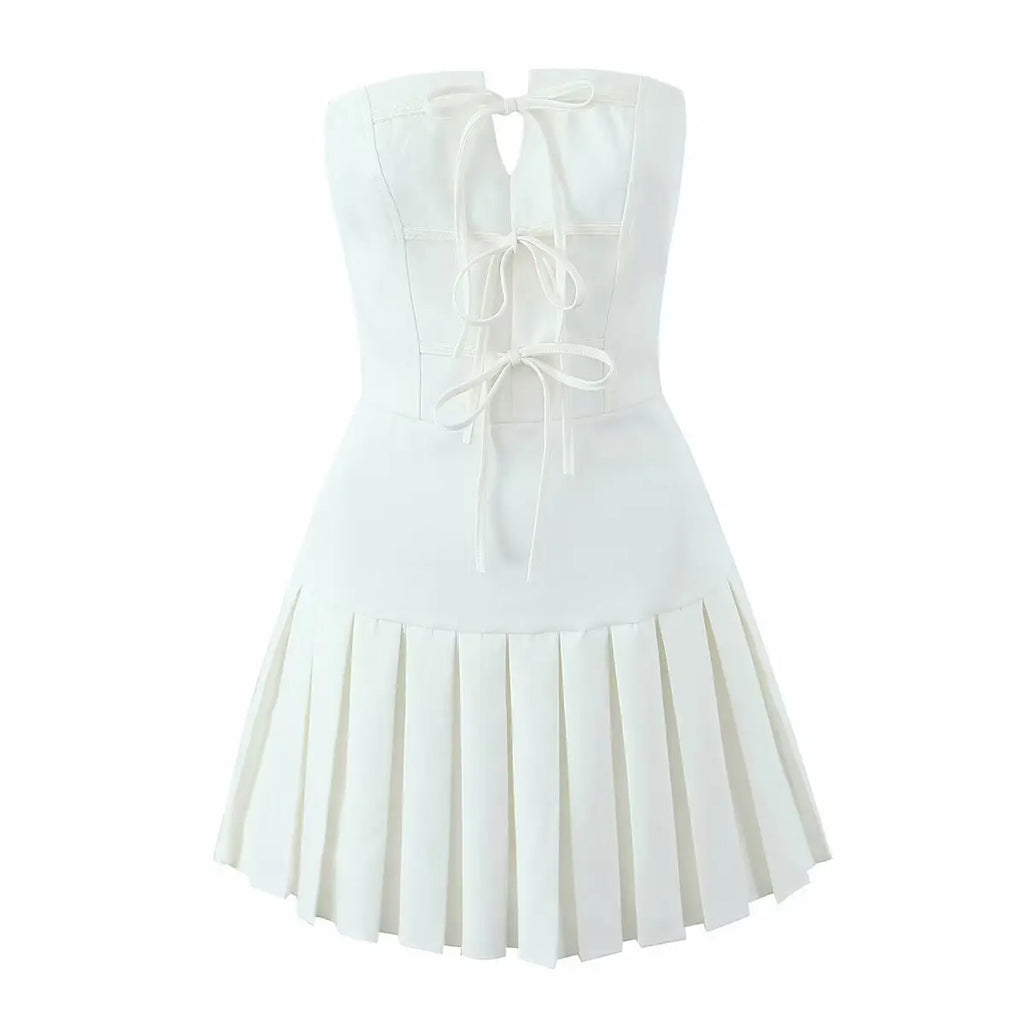 Bowknot Off Shoulder Strapless Party Short Dress for Women 2025 Elegent Lady White Pleated Mini Vestidos Female Backless Dress