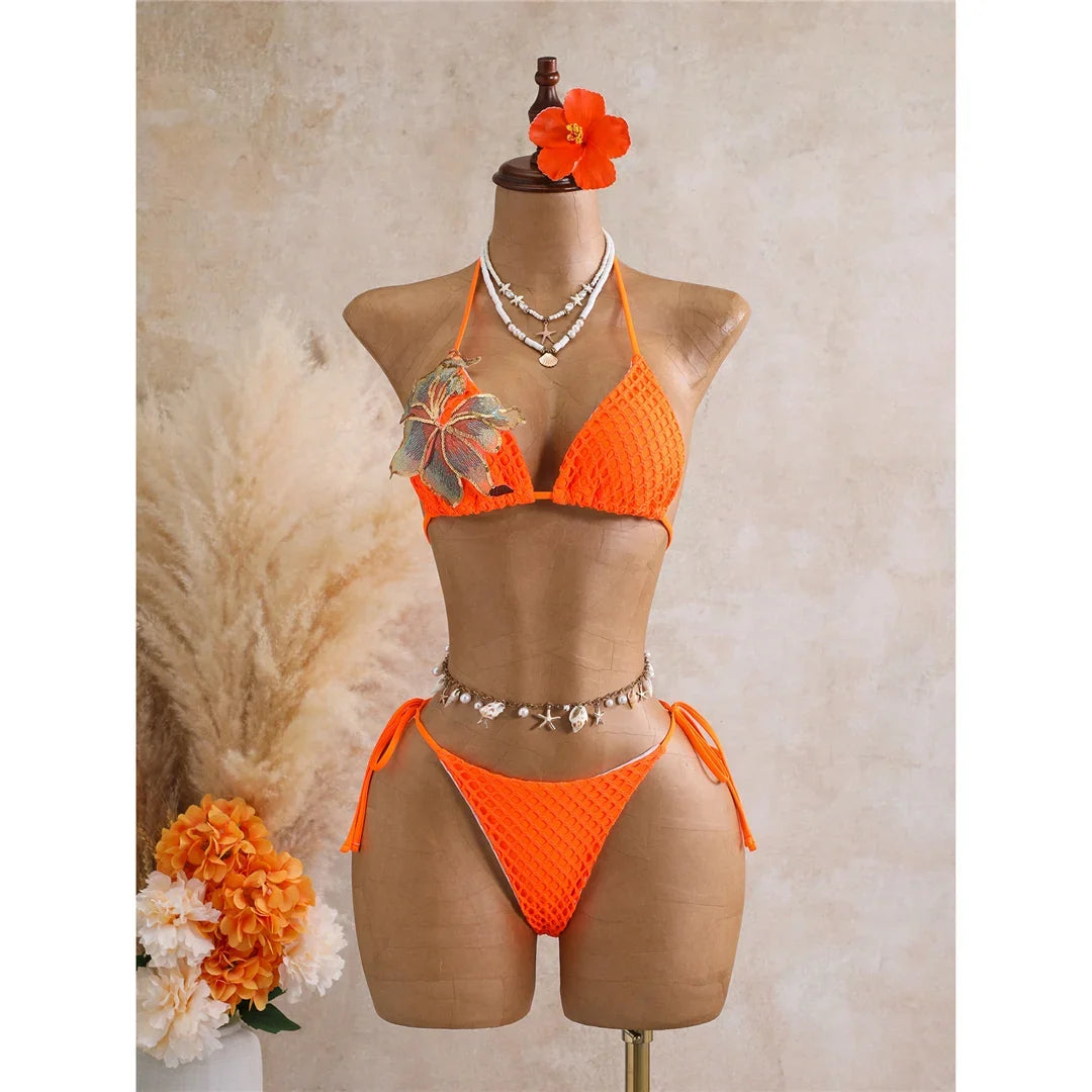 With Skirt 3D Flower Halter Bikini Women Swimwear Female Swimsuit Three-Pieces Bikini Set Padded Bather Bathing Suit Swim  V8346