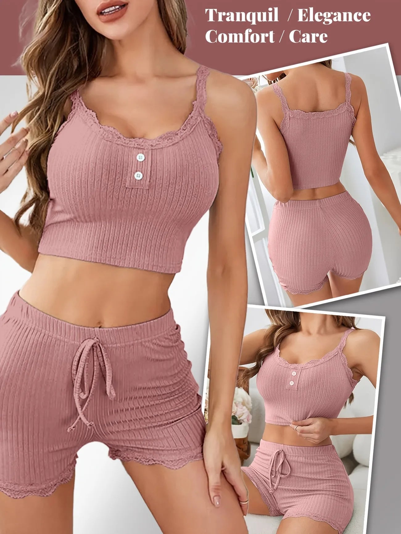 Sexy Women Summer Pajama Set Ribbed Lace Trim Backless Crop Cami Top and Shorts Slim Fit Sleepwear Nightwear Lounge Set