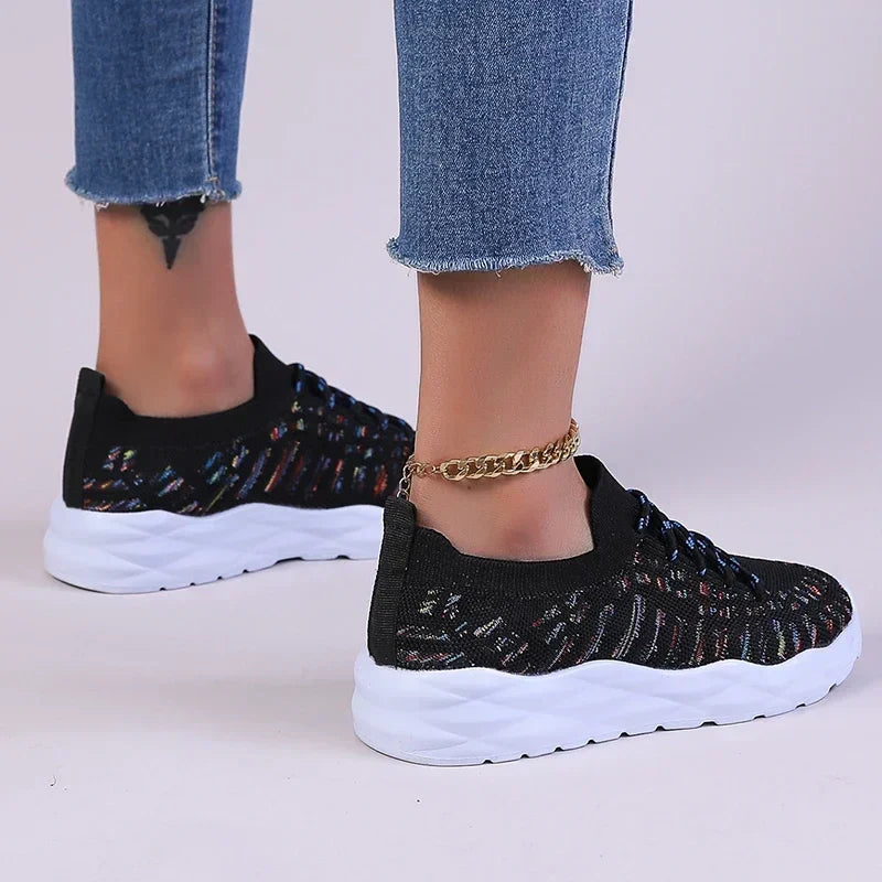 Mixed Color Knitted Platform Sneakers Women Spring Summer Casual Thick Sole Sports Shoes Woman Lace Up Non Slip Walking Shoes