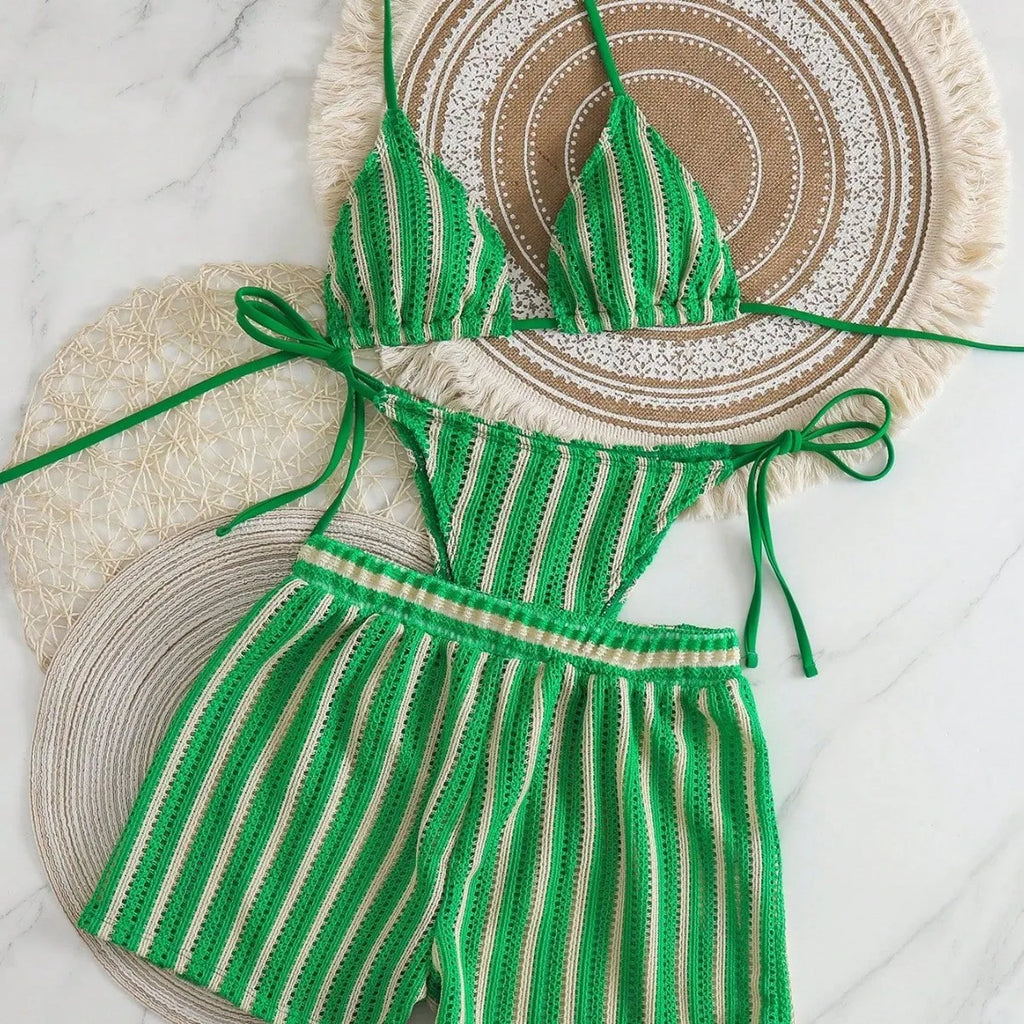 2026 Summer Women 3 Pieces Swimsuit Striped Print Halter Lace-up Backless Swimwear Sexy Micro Bikini Set Shorts Suits Beachwear