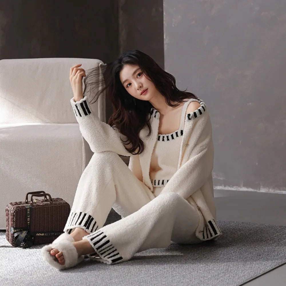 Women's Autumn and Winter Pajamas 3-Piece Set Soft and Half Velvet Thickened and Warm