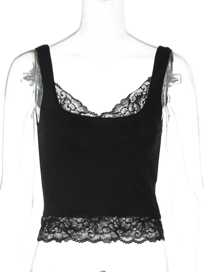 FDYOUI Chic Lace Patchwork Tank Tops for Women 2026 Summer Sleeveless Slim T-shirt Ladies Crop Top Y2K Streetwear Pink Corset