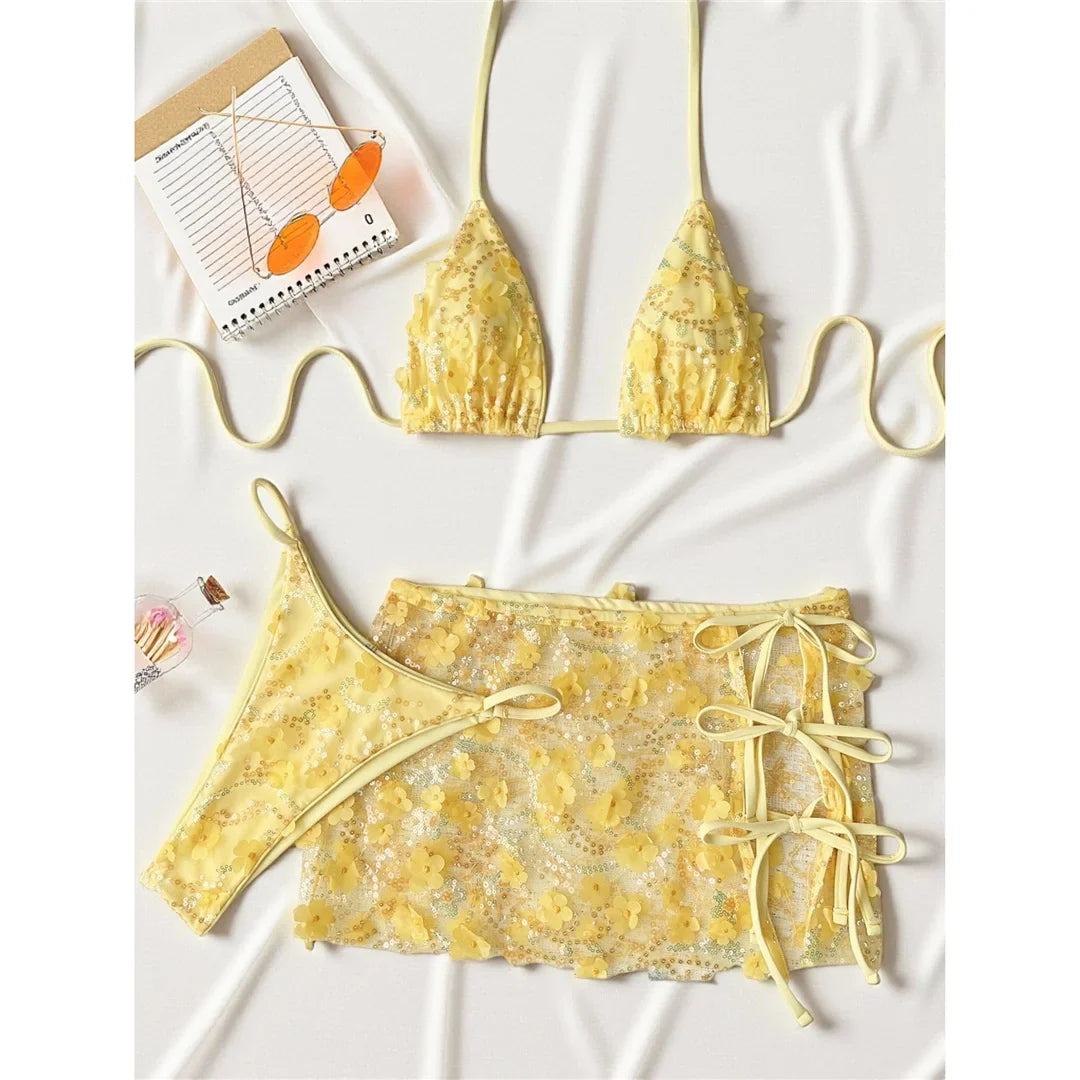S - XL Three-pieces Bikini set With Skirt Flowers Sequins Bikini Female Swimsuit Women Swimwear Bather Bathing Suit Swim V7864
