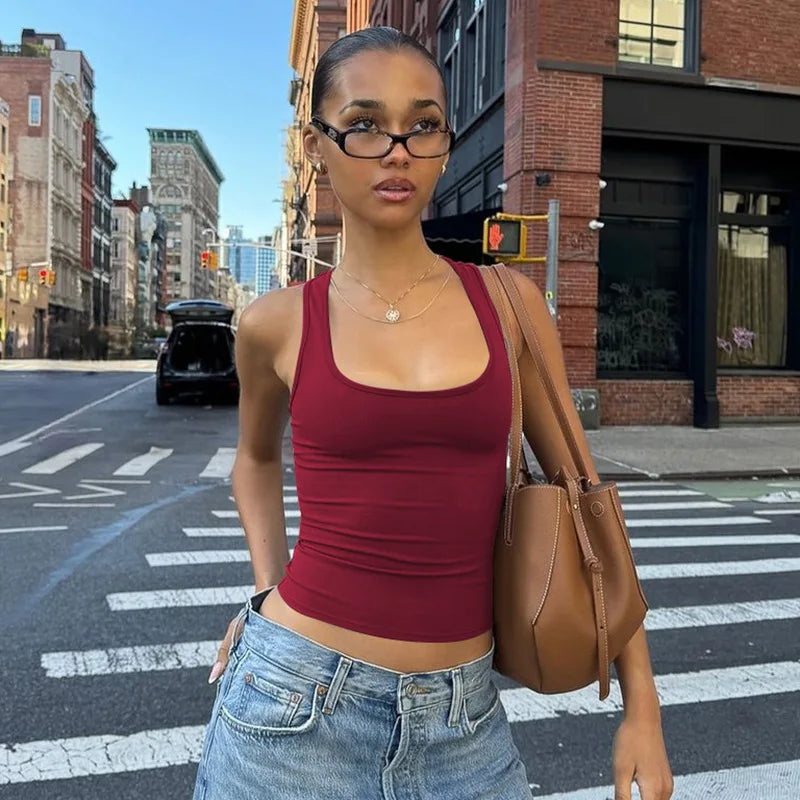 Women's Fashion Solid Tank Tops 2026 Streetwear Sleeveless T-shirt Female Square Collar Skinny Corset Y2K Girls Gray Crop Top