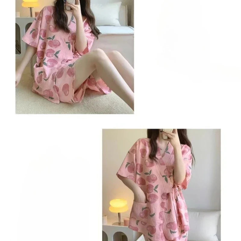 Womens Nightwear Loungewear Kimono Pajamas Student Short Sleeves Shorts Peach Print Tops and Pants Set Sleepwear Comfortable