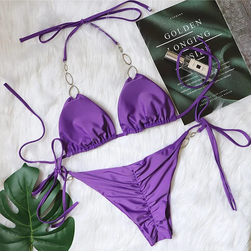 Halter Metal Chains Diamond Bikini Women Swimsuit Female Brazilan Swimwear Two Pieces Bikini Set High Cut Bathing Suit Swim Lady