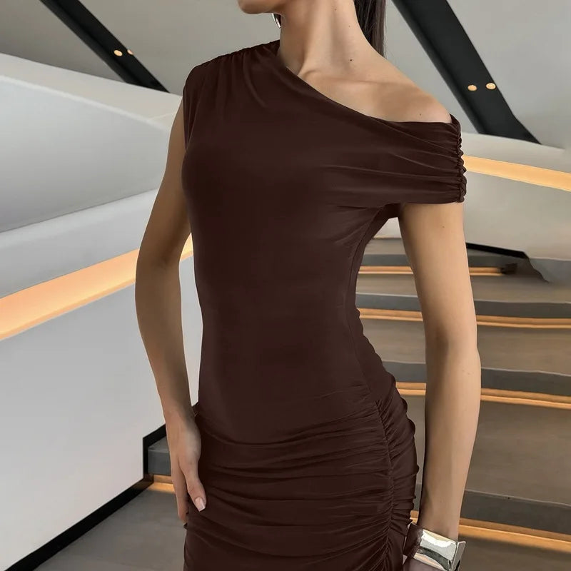 FDYOUI Woman Clothes Diagonal Collar Ruched Brown Long Dresses 2026 Summer Lady Chic One Shoulder Sleeveless Tunics Party Dress