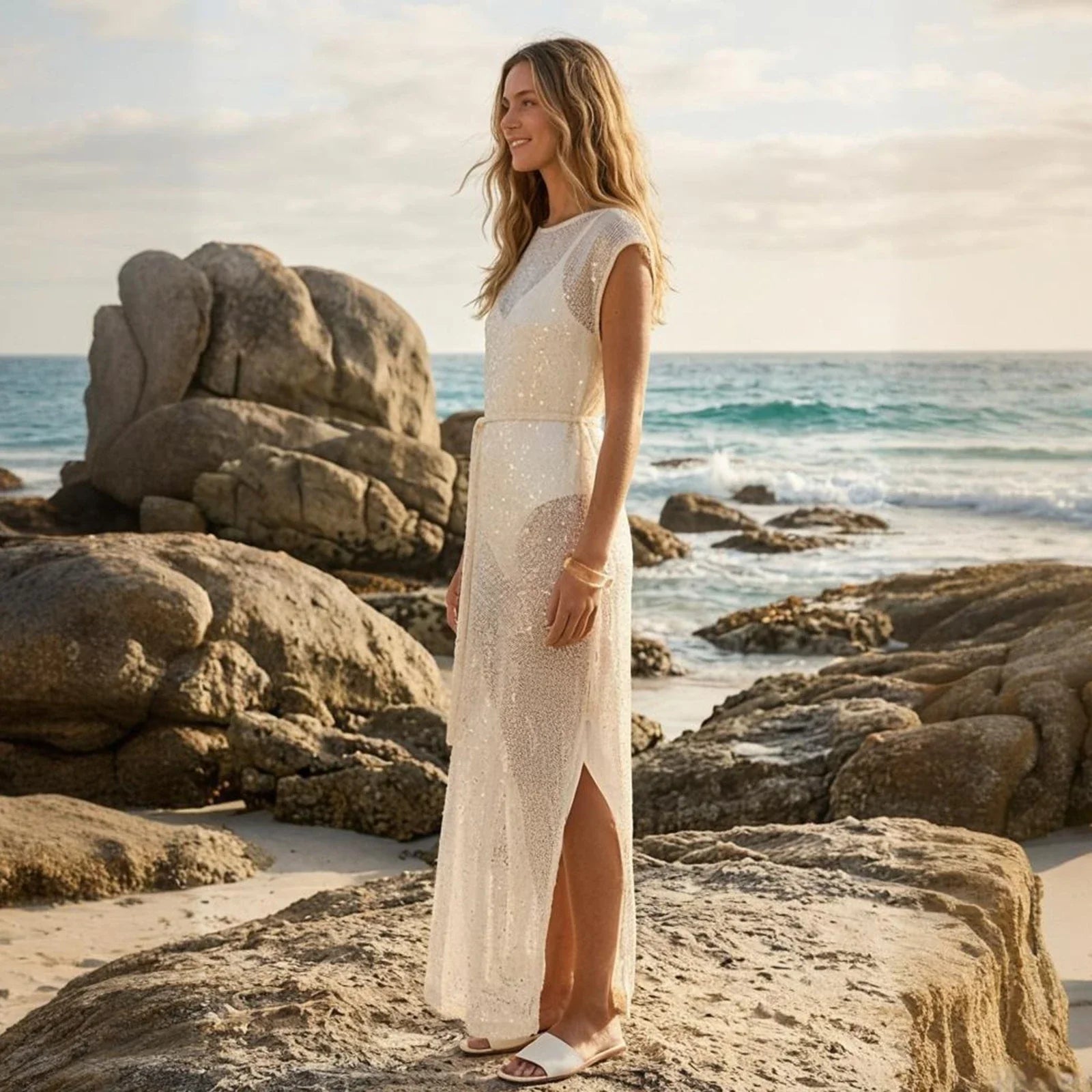 Women's Solid Color Knit Sheer Dress Summer Swim Cover Up Cap Sleeve Round Neck Sequin Dresses for Beach