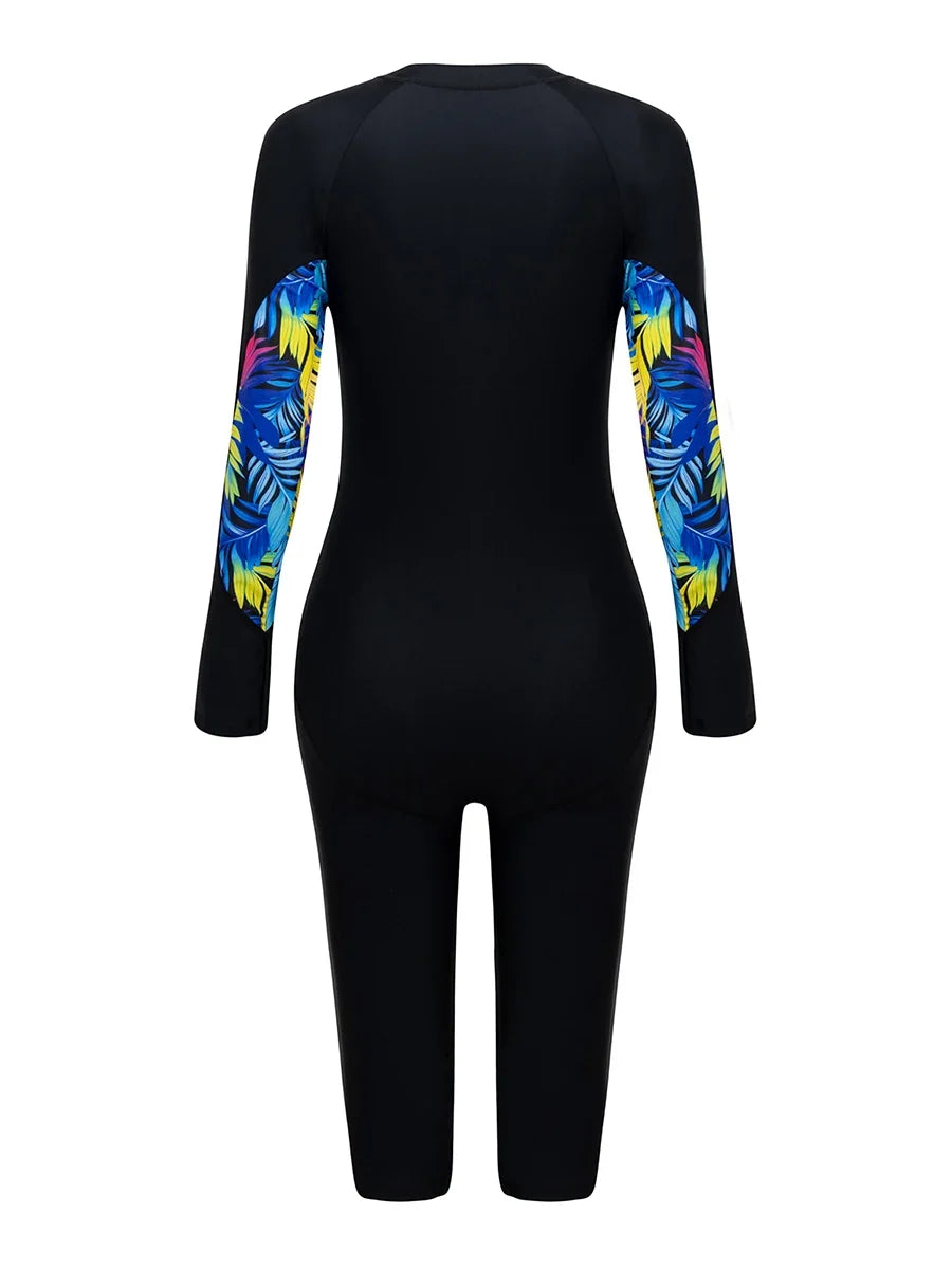 2026 Zipper Rushguard Long Sleeve Surfing Swimsuit Women One Piece Printed Swimwear Female Bather Bathing Swimming Swim Suit XXL