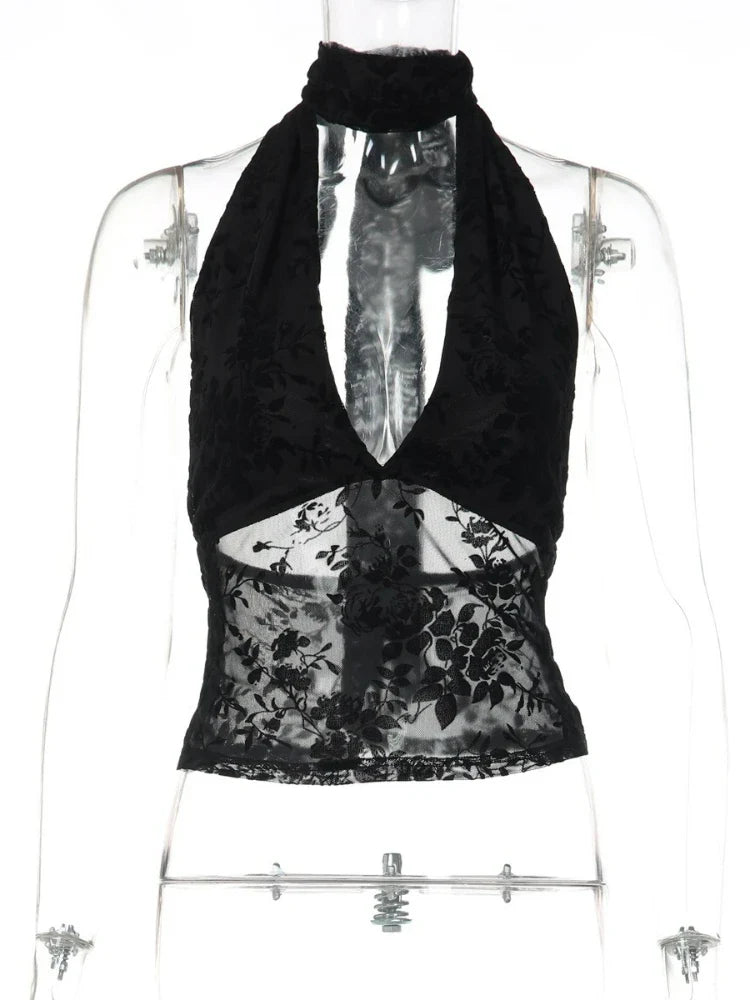 FDYOUI Woman Clothes Elegant Bandage Mesh Corset Tops 2026 Female Halter V-neck Lace-up Tank Top Black T-shirt Y2K Streetwear