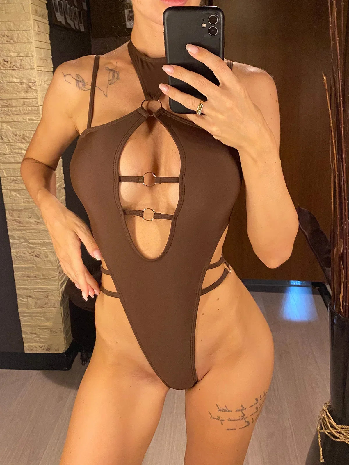 Cut Out Halter Mini Micro Thong High Leg Cut One Piece Swimsuit Women Swimwear Female Monokini Bather Bathing Suit Swim V5748