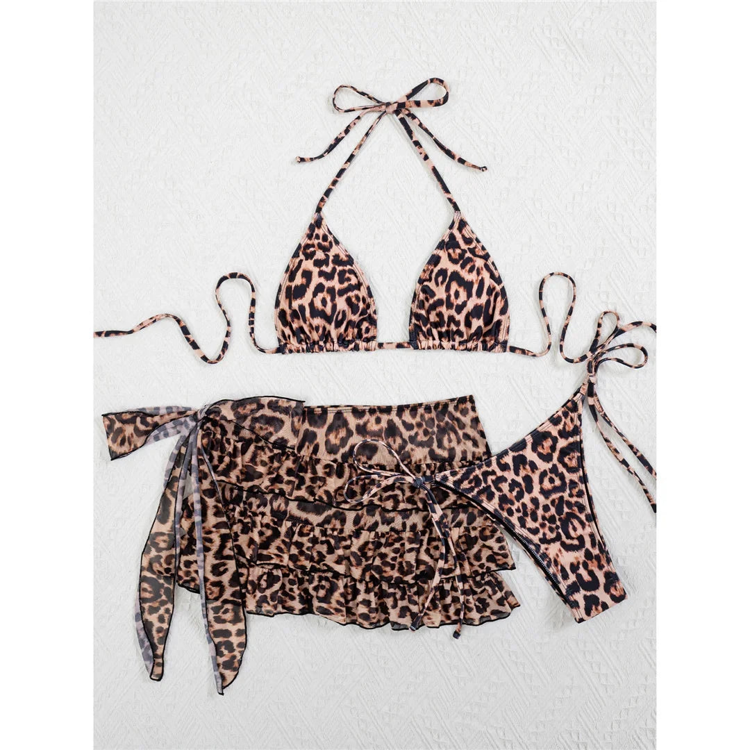 With Skirt Leopard Halter Bikini Female Swimsuit Women Swimwear Frilled Bather Bathing Suit Swim Three-pieces Bikini set K8068