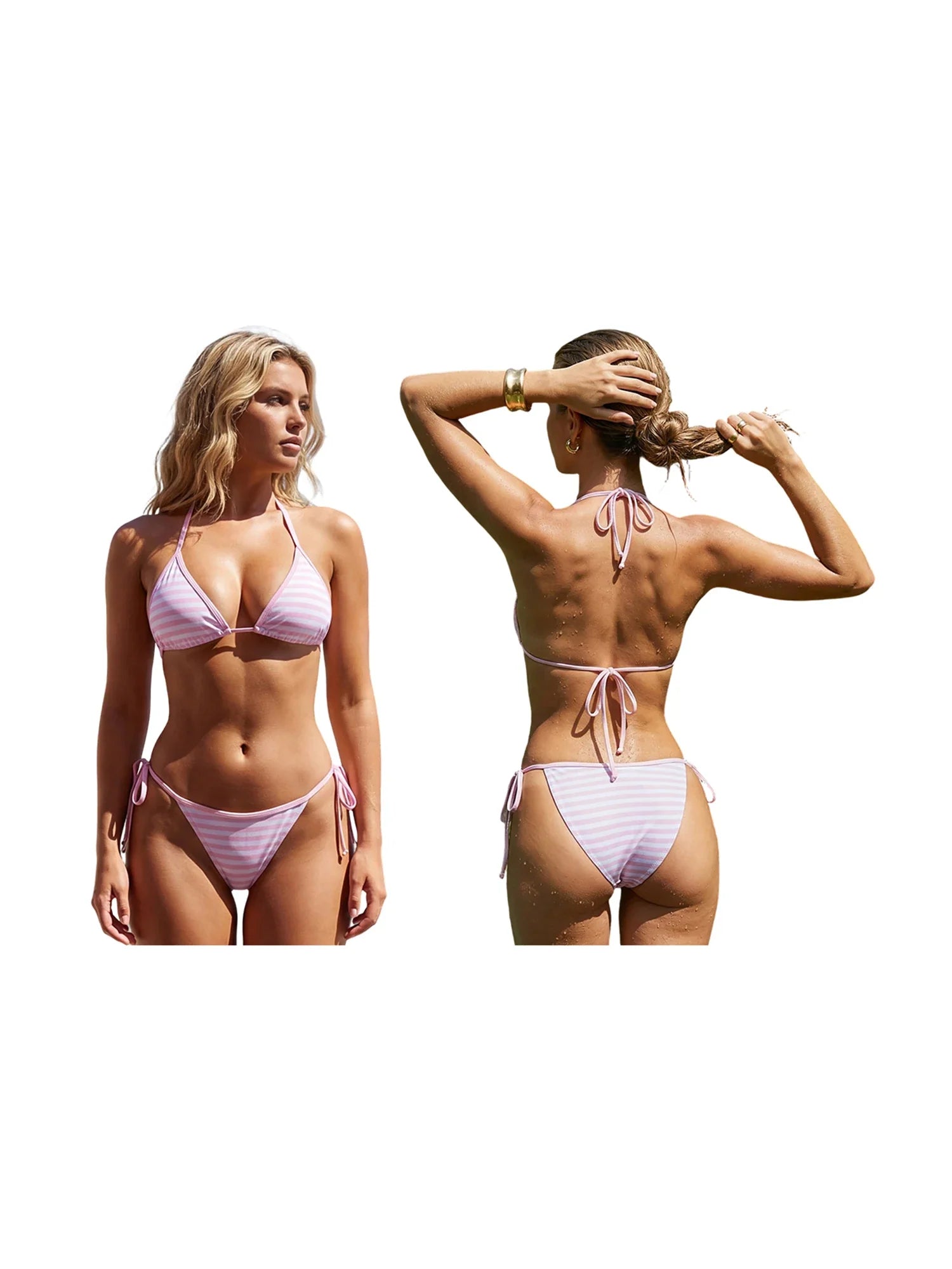 2026 New Womens Stripe Bikini Sets Halter Bra Tops with Tie-up Thong 2 Pcs Set Swimsuits Stylish Sexy Beach Pool Bathing Suit