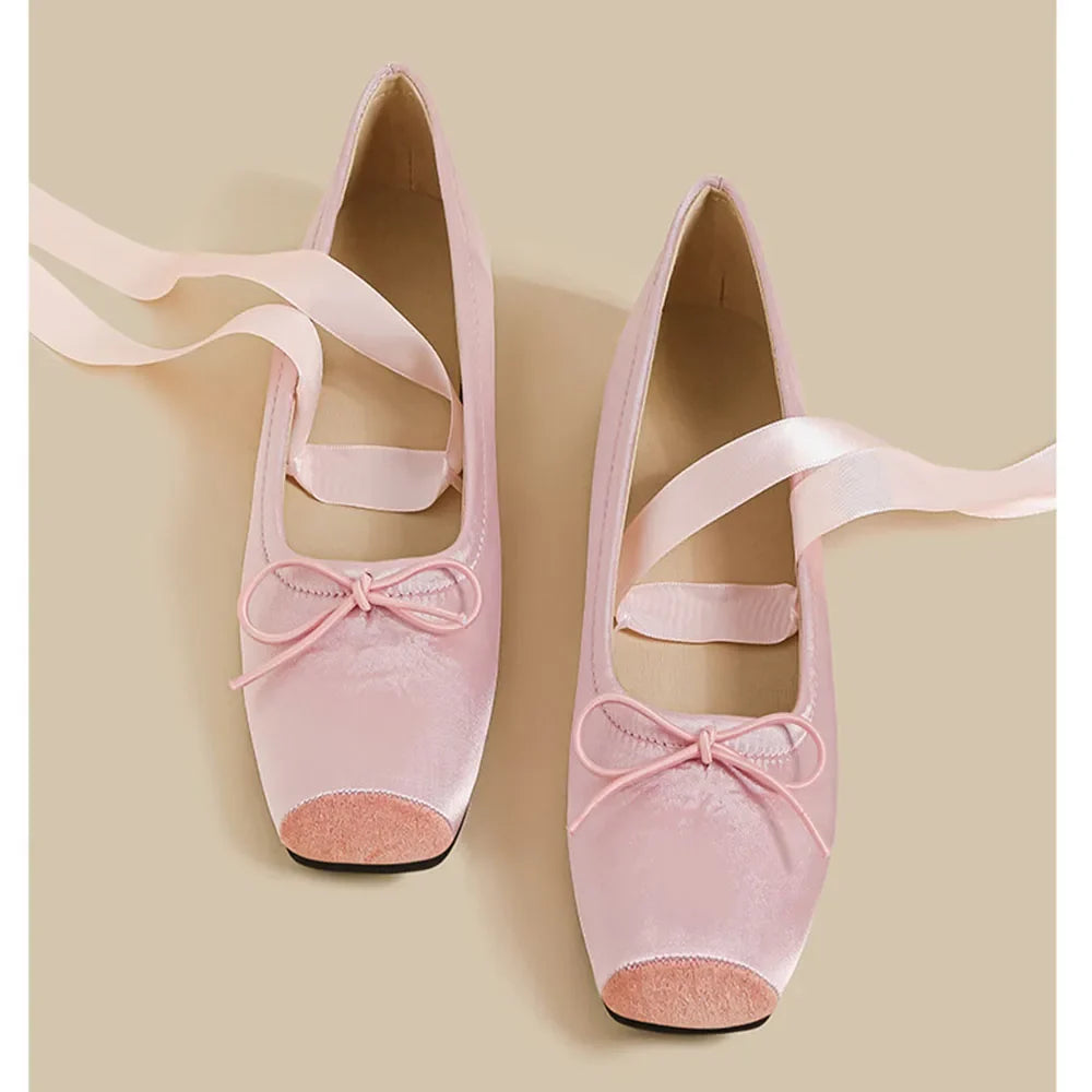 Balletcore Style Satin Lace-Up Flats for Women Black Ballerina Bow Detail Square Toe Ankle Wrap Ribbon Ballet Coquette Shoes