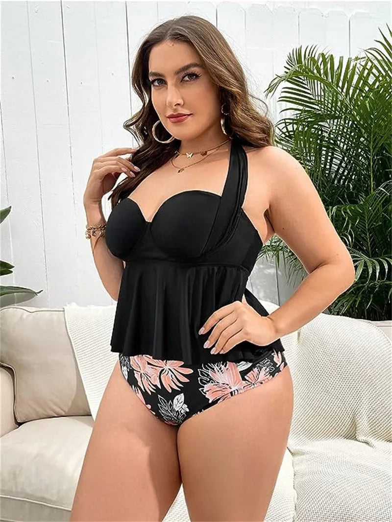 VigoJany 2026 Black Verge Plus Size Tankini Women Tied Halter Push Up Big 2 Piece Swimsuit High Waist Beach Large Bathing Suit