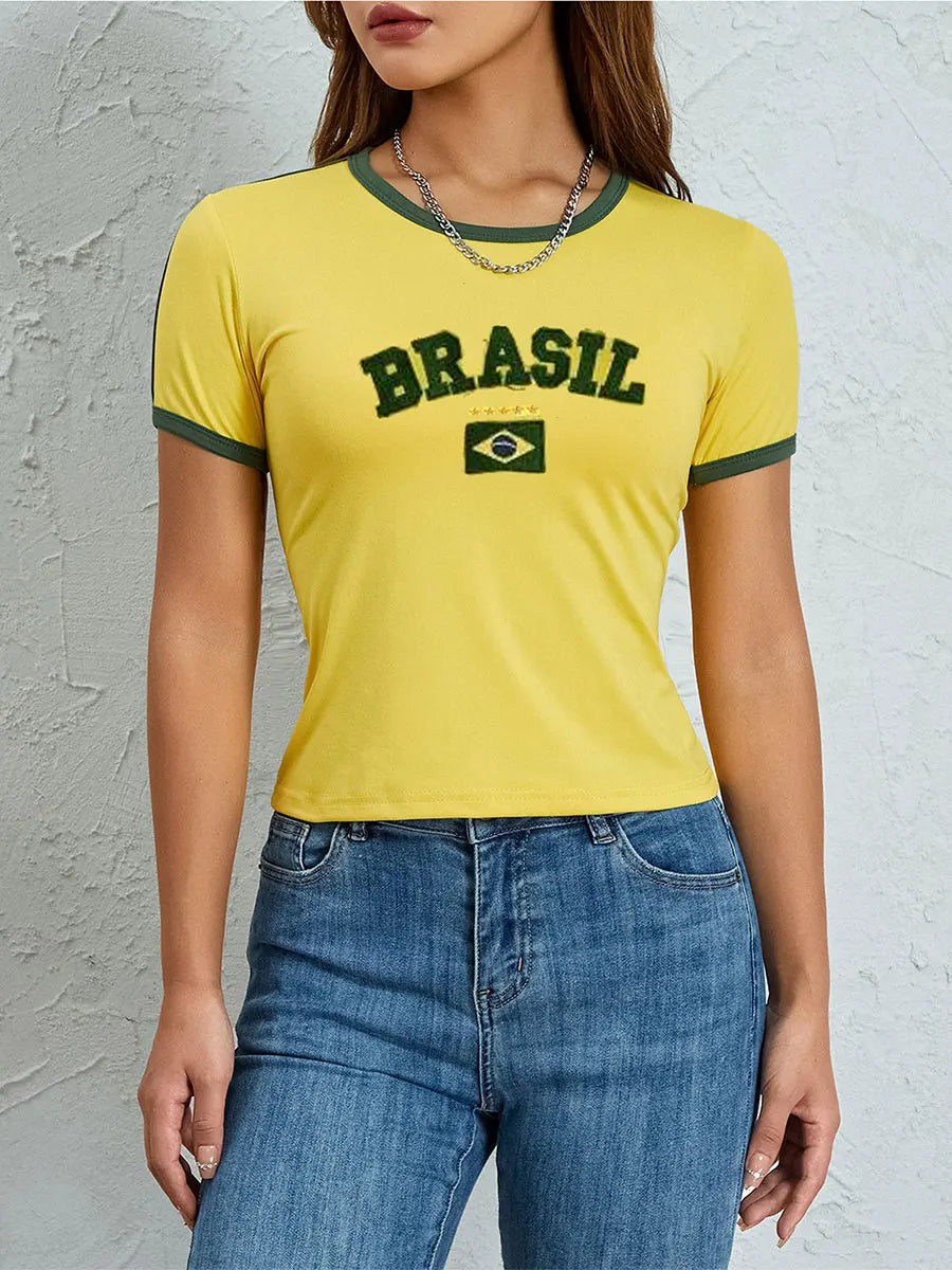 Summer Women's Casual T-shirt Short Sleeve Round Neck Slim Fit Cropped Tee Tops Shirts Streetwear