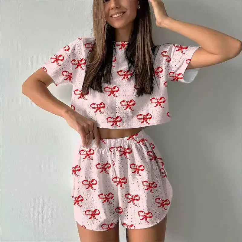 Summer Sleepwear Women's Two-pieces Pajamas Set Breathable Printing Casual Short Sleeved Tops and Shorts Sets Loungewear