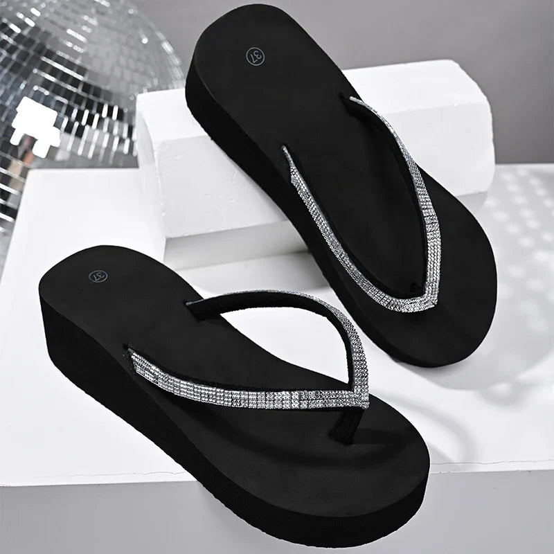Fashion Crystals Strap Wedges Flip Flops Women Summer Plus Size 42 Platform Slippers Woman Lightweight Chunky Heel Sandals Mujer