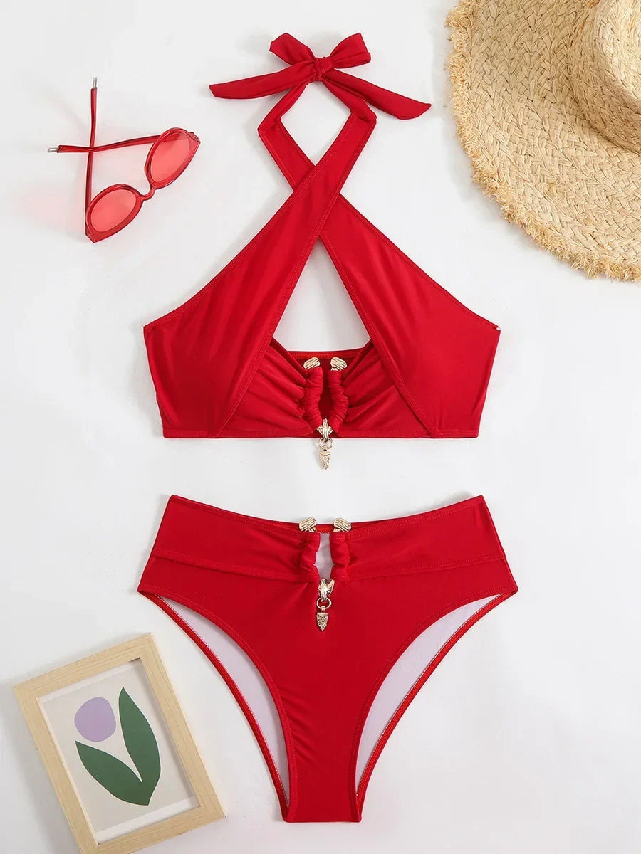 Halter Cut Out High Waist Bikini Female Swimsuit Women Bandeau Swimwear Two-pieces Bikini set Bather Bathing Suit Swim Beachwear
