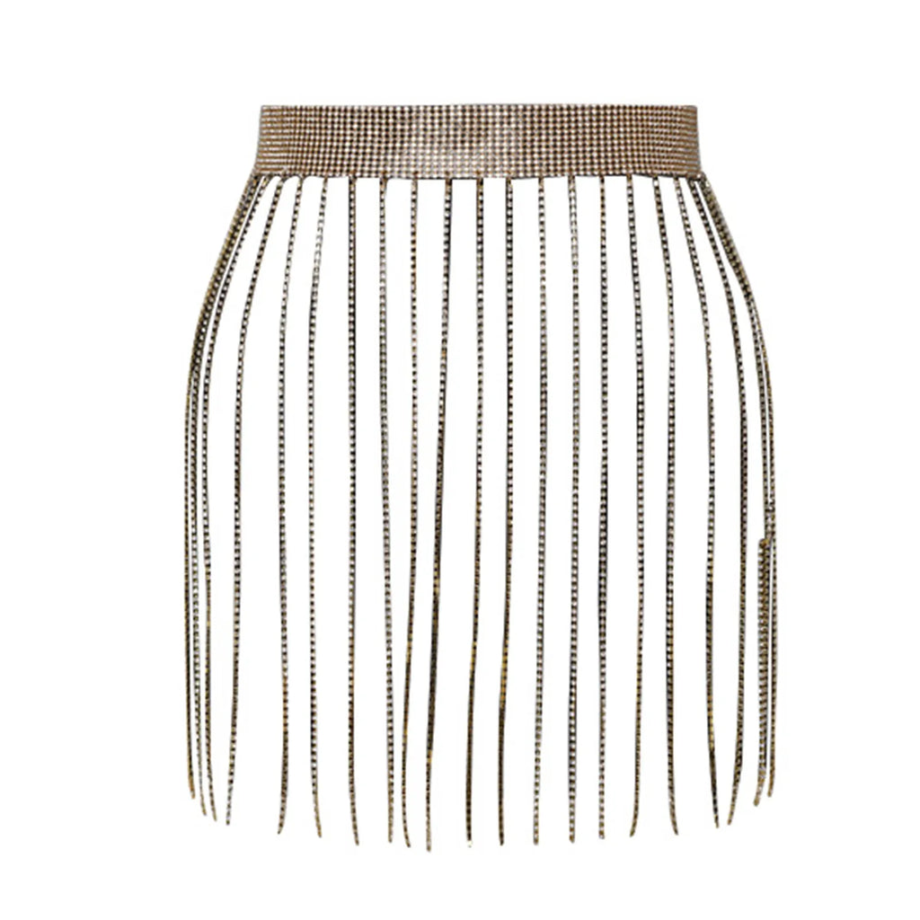 Fringe Bright Rhinestone Chain Skirt Women's High Waist Tassel Waist Chain Belt Stage Performance Carnival Party Night Clubwear