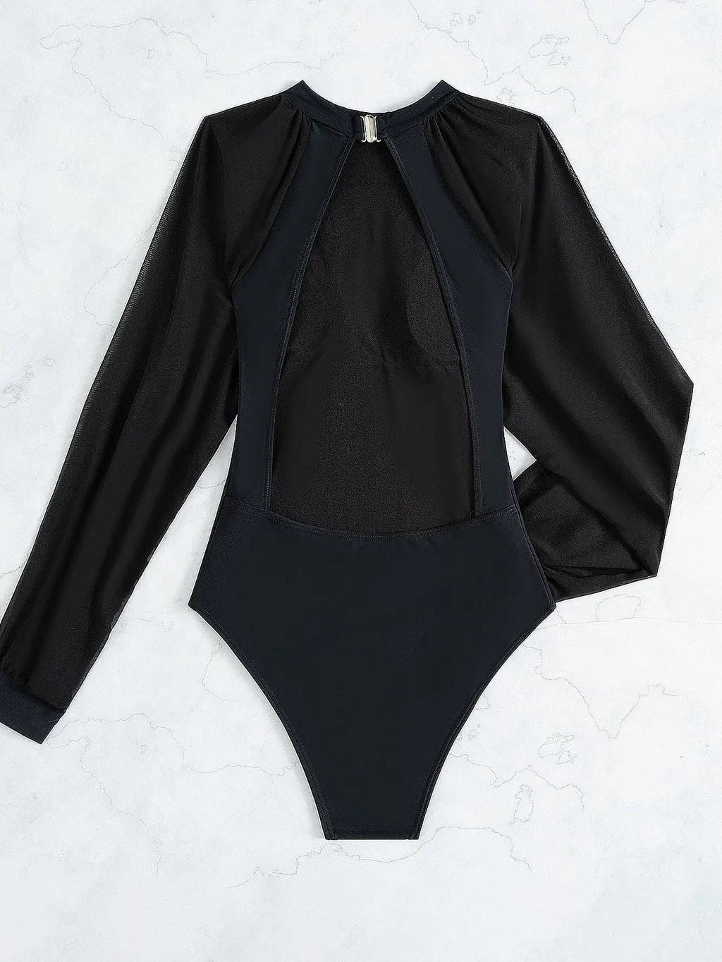 2026 Black Contrast Mesh Swimsuit One Piece Long Sleeve Swimwear Women Bathing Suit Female Swimming Summer Beachwear Bodysuit