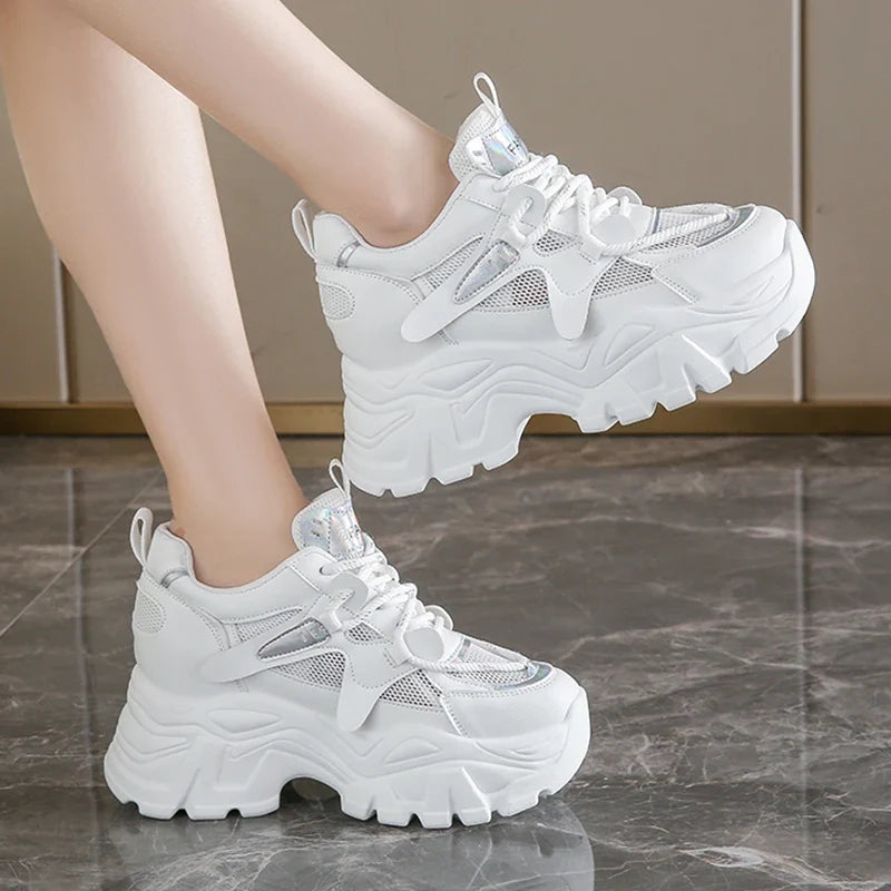 Breathable Chunky White Sneakers for Women Fashion Laser Thick Bottom Vulcanize Shoes Woman 2025 Lace Up Platform Running Shoes