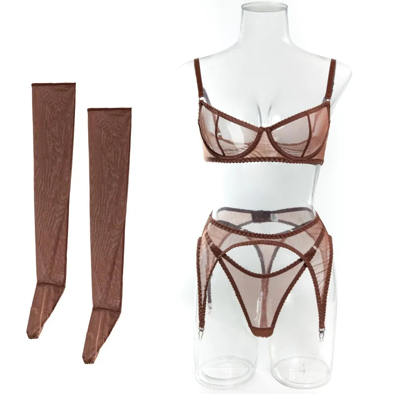Toucheart Erotic Lingerie Comfortable Mesh Sexy Body Shaping Ultra-thin See-through Sexy Underwear Four-piece Set with Stockings