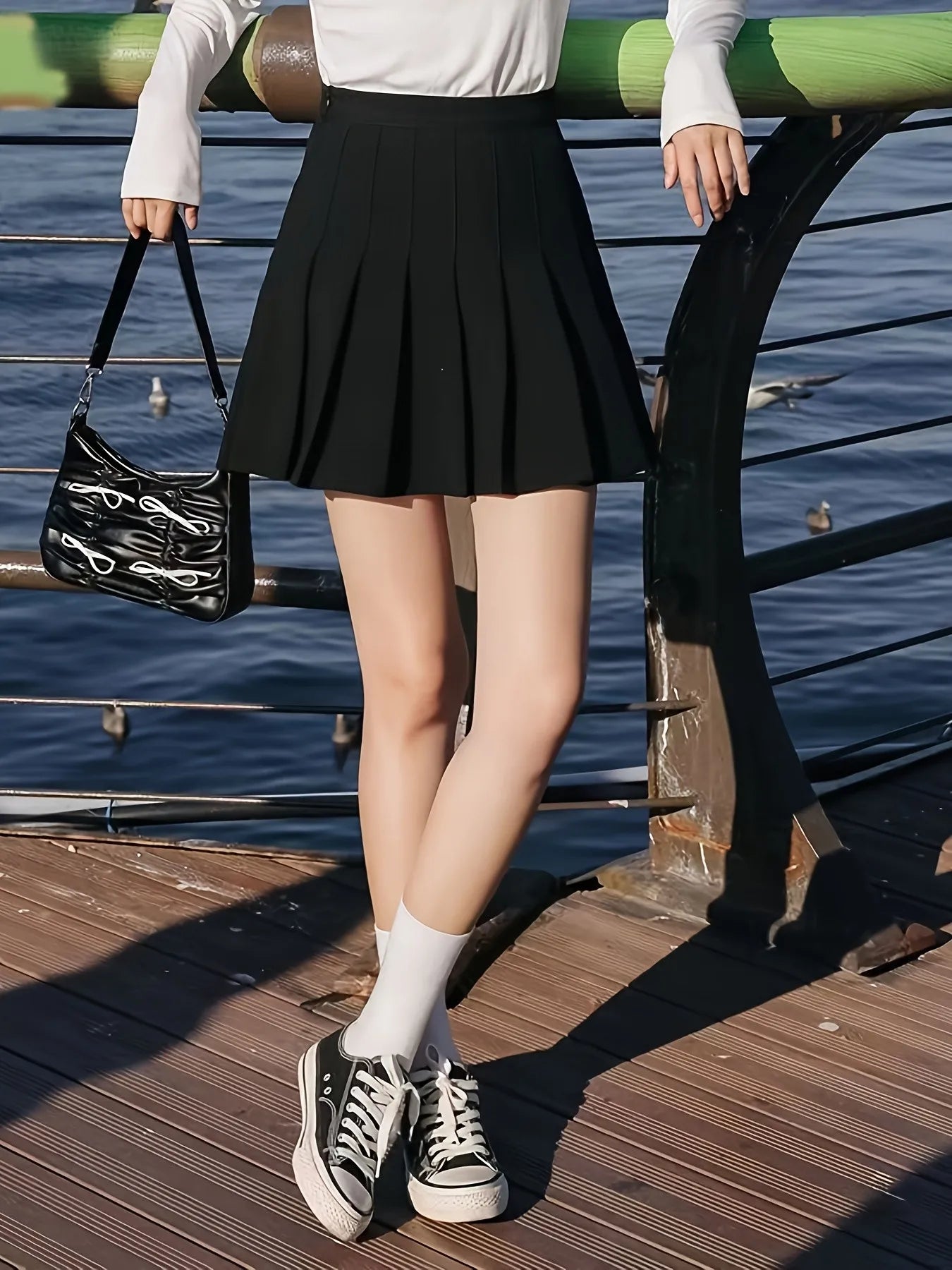 Women High Waist Pleated Skirt with Safety Shorts, Black A Line Mini Skort for Casual Office School Style Outfits