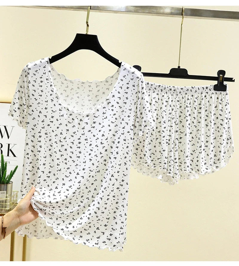 Chic Modal Floral Print 2Pcs Set Soft And Breathable Short-Sleeve Top And Shorts Loose Relaxed Fit Women's Sleepwear Homewear