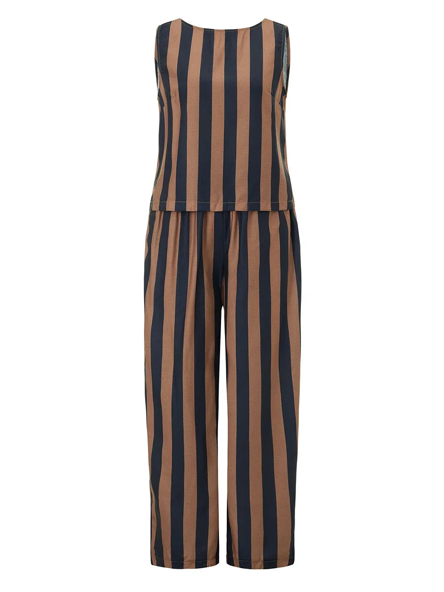 Women’s 2 Piece Summer Pant Outfits Sleeveless Plaid/Stripes Print Tank Tops + Pants Set Casual Streetwear
