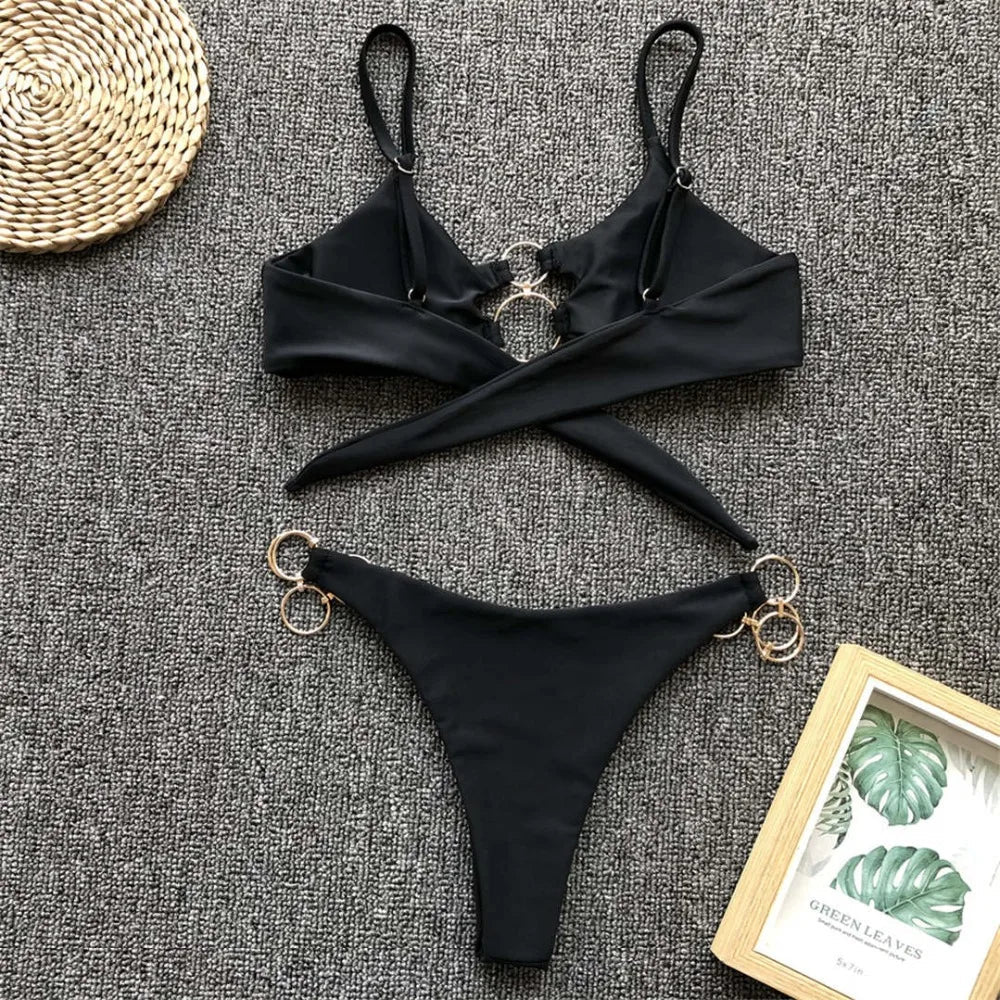 Sexy Metal Rings Leopard Brazilian Bikini Female Swimsuit Women Swimwear Two-piece Bikini set Bather Bathing Suit Swim V1441L