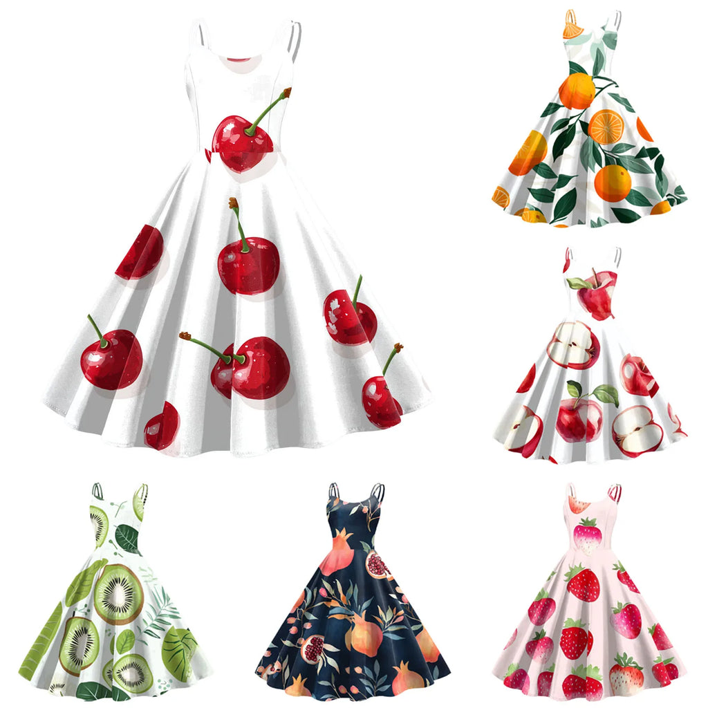 Vintage Fruit Print Dress For Women Elegant High Waist A Line Swing Dress Rockabilly 60s 50s Retro Spaghetti Strap Maxi Robe