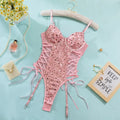 New Pink Sequin Hollow Out Bodysuits Elegant Backless Deep V Suspenders Sleeveless Bodysuits For Women Transparent Charming ZHAN