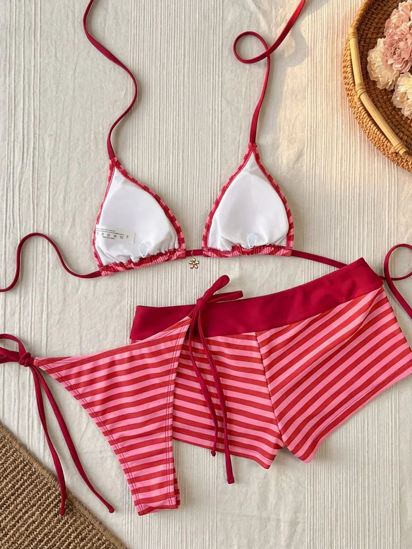 Sexy Red Striped Bikini Set Women Metal Flower Push Up Bra High Waist Pants 3 Piece Swimsuit 2026 Bathing Suit Holiday Swimwear