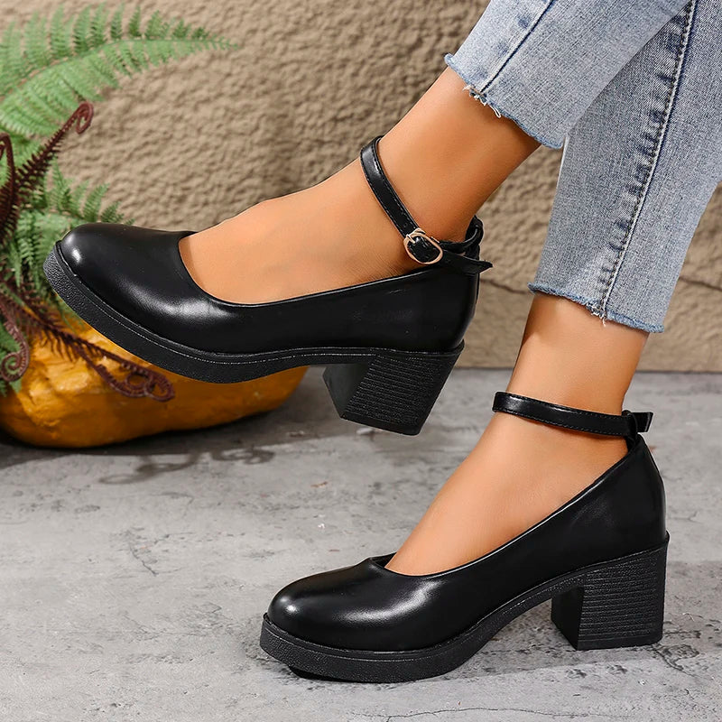 Black Thick Heeled Mary Jane Shoes Women Plus Size 42 Ankle Buckle Platform Pumps Woman Office Pu Leather High Heels Shoes Mujer