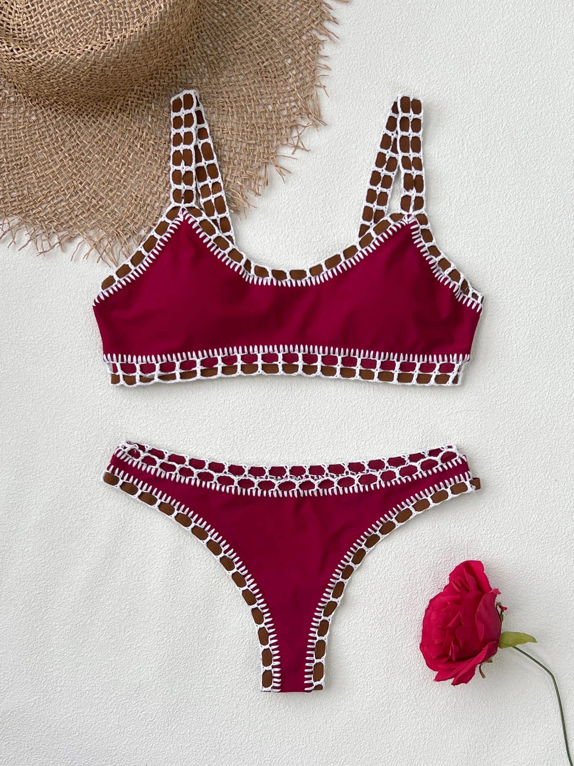 2026 Women Swimsuit Elegant Wine Red Bikini Set with Unique Braided Trim Perfect for Beach Wear and Pool Parties Summer Getaways