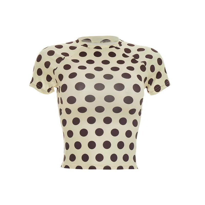 2026 Summer Women's Tops Round Neck Short Sexy Polka Dot T-Shirt Tops