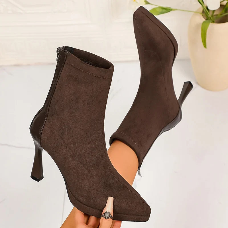 Sexy Pointed Toe Thin High Heels Boots Women Fashion Back Zipper Platform Ankle Boots Woman Super High Heeled Short Booties 42
