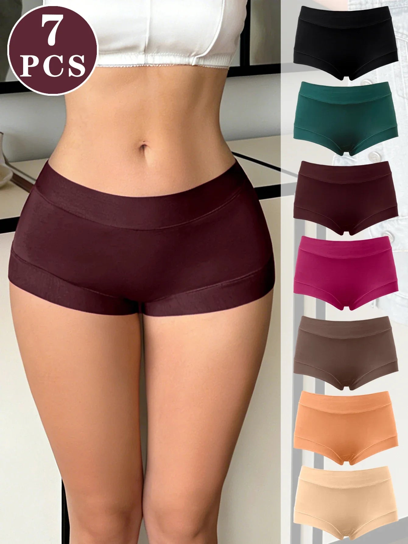 7Pcs/Set Solid Women Seamless Panties High Elastic Basic Boyshort Daily Comfort Female Underwear