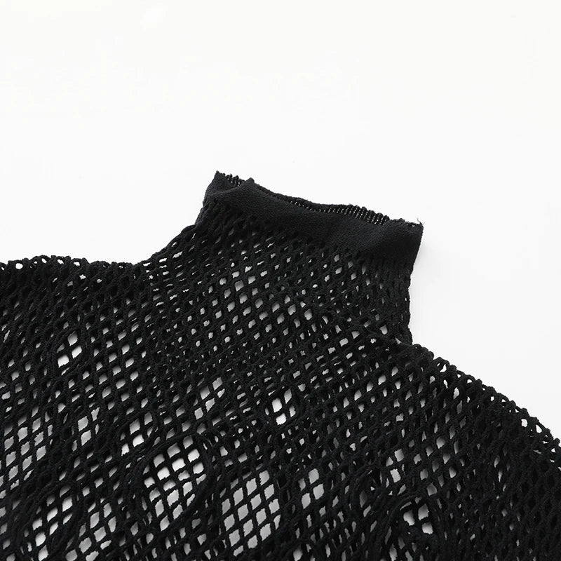 Women Sheer Mesh Long Sleeve Beach Cover Up, Sexy See-Through Fishnet Dress, Solid Bodycon  For Summer Beach Party