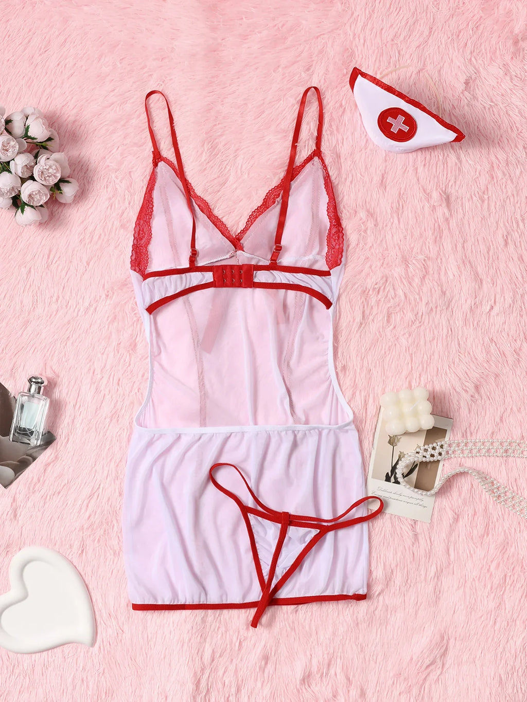 Sexy Sheer Mesh Naughty Nurse Role Play Costume – Color Block Cami Dress, Thong & Hat for Women, Perfect for Intimate Nights
