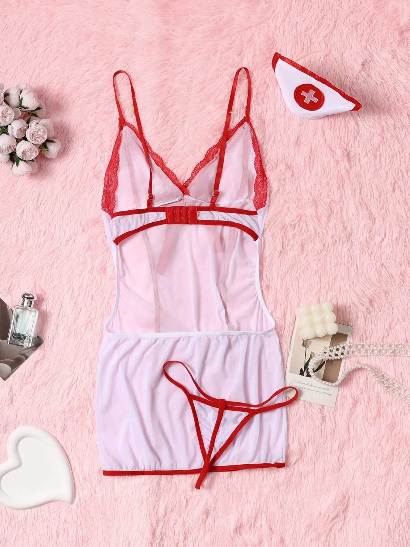Sexy Sheer Mesh Naughty Nurse Role Play Costume – Color Block Cami Dress, Thong & Hat for Women, Perfect for Intimate Nights