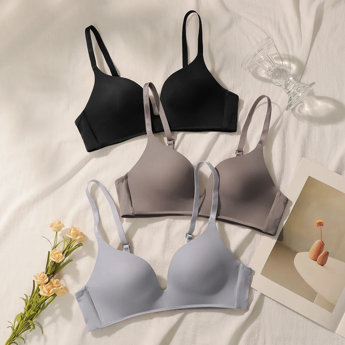 3 pieces of multi-color women's underwire bra comfortable daily underwear solid color women's Lingerie push up bra B6055