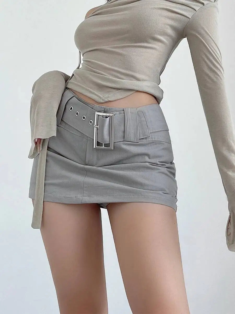 WOMENGAGA Spicy Girl Wide Belt Low Waist Short Skirt Women Safety Skorts Mini Short Skirt Summer New Half Skirt Fashion AH7O