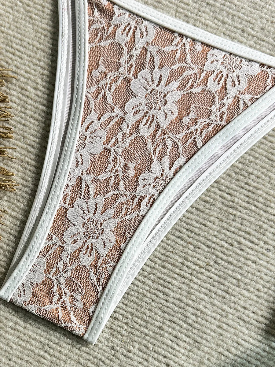Embroidery Mesh Lace Halter Bikini Female Swimsuit Women Swimwear Two-pieces Bikini Set High Cut Bathing Suit Swim Beach Wear