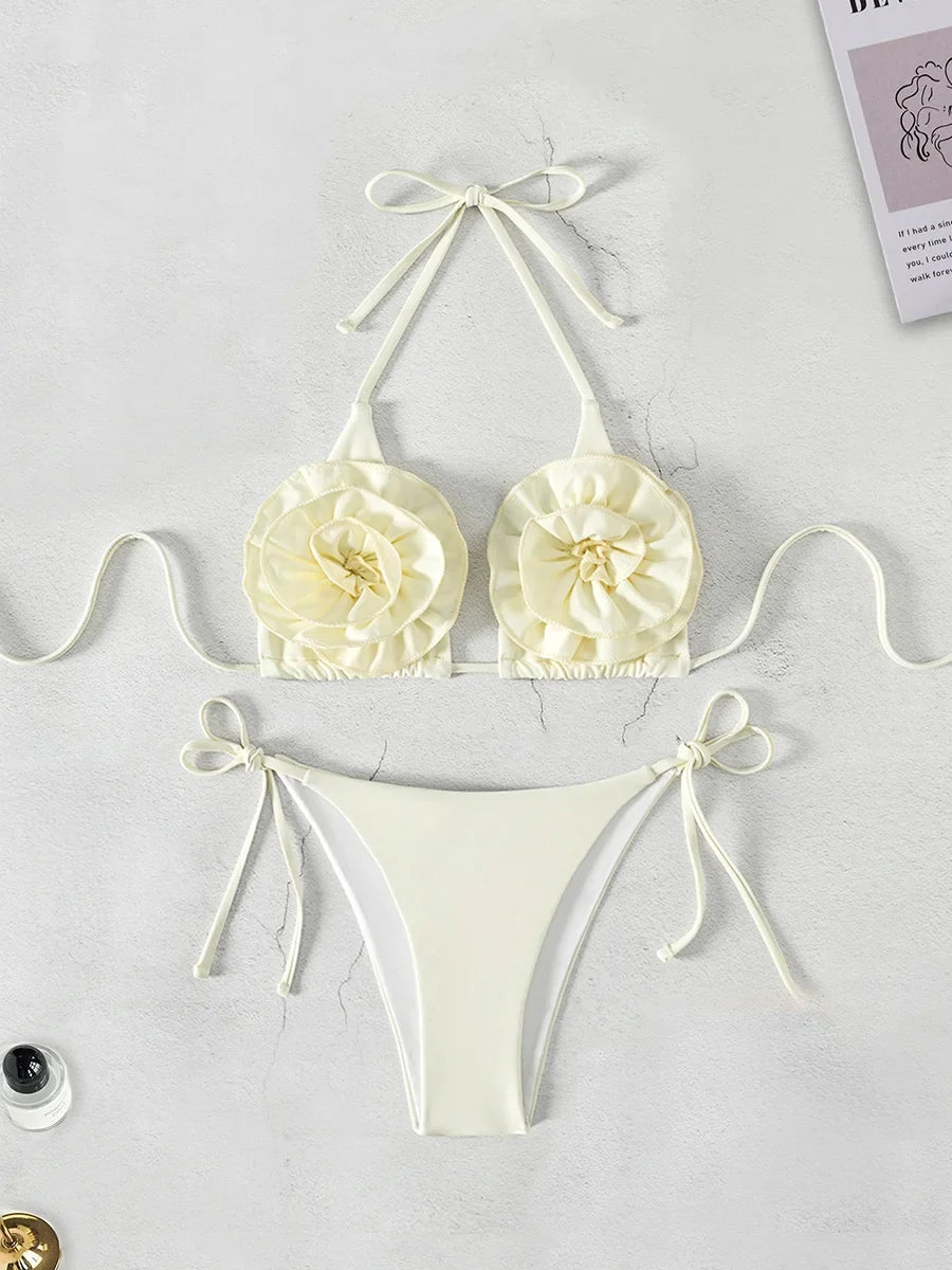 XS - L Halter 3D Flower Bikini Women Swimwear Female Swimsuit Two-pieces Bikini Set High Cut Bather Bathing Suit Swim Beachwear